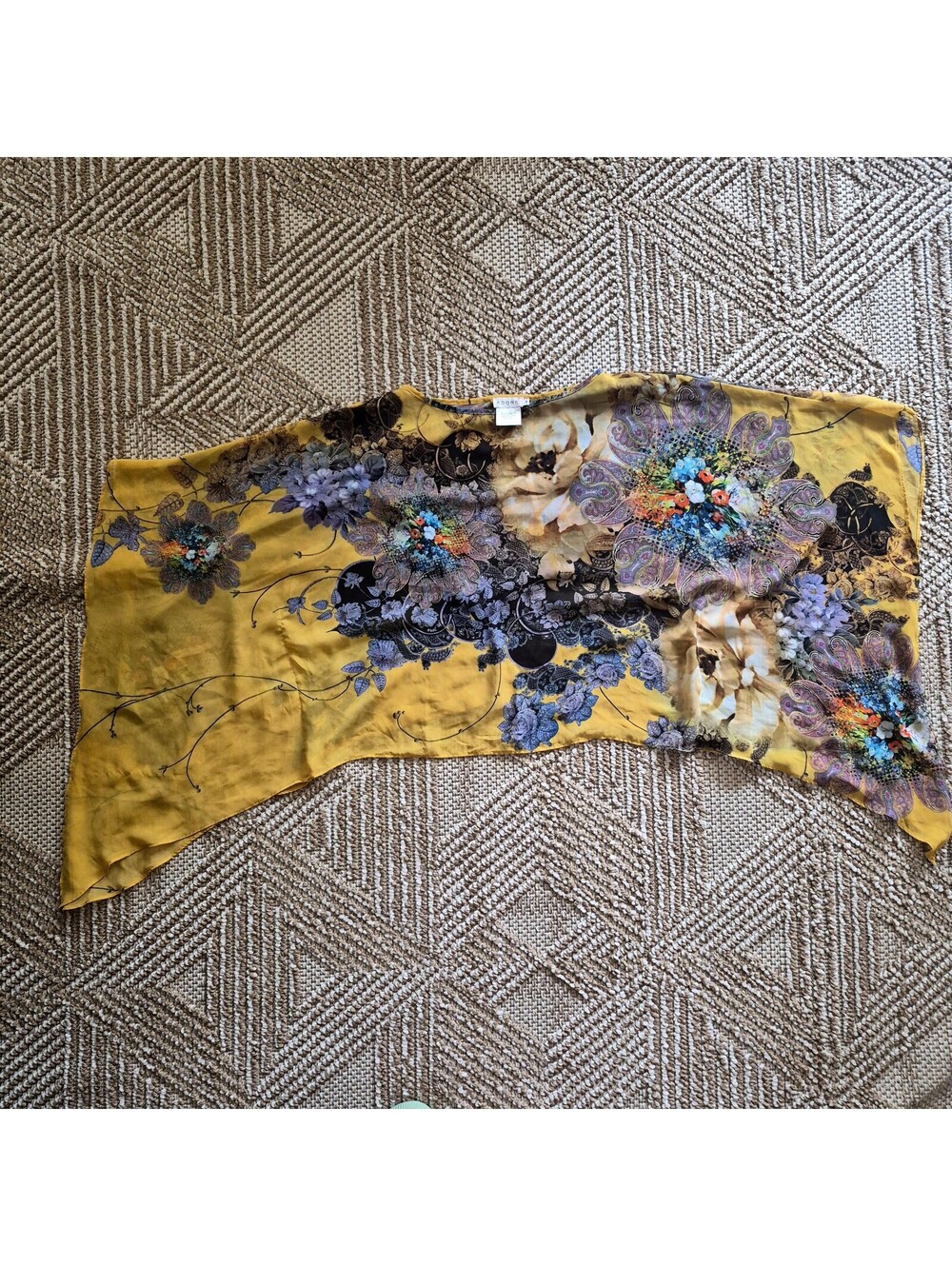 Y2K Sheer Boho Gold Floral Caftan Blouse Multi Paisley Batwing Top